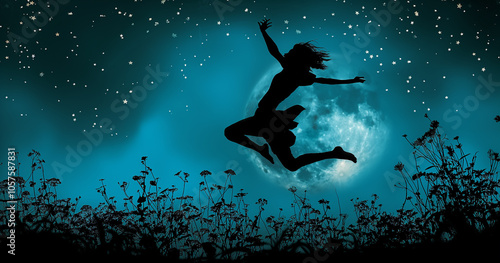 A womans silhouette jumps in front of a large moon with a background of stars and silhouetted plants. The sky is a vibrant blue.