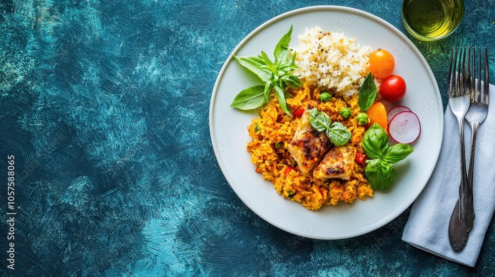Colorful plate of grilled chicken, herbed rice, and fresh vegetables on a textured teal background, featuring herbs and cutlery. Colorful plate of grilled chicken, herbed rice, and fresh vegetables on a textured teal background, featuring herbs and cutlery.