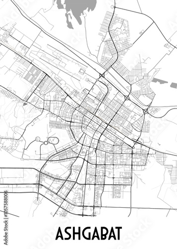 Map of Ashgabat, the capital city of Turkmenistan. The map showcases the city's street network, including major roads, highways, and smaller streets.