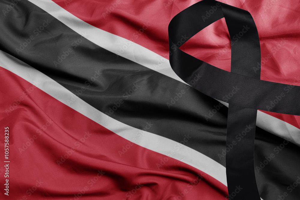 Obraz premium waving national flag of trinidad and tobago with black mourning ribbon . tragedy concept