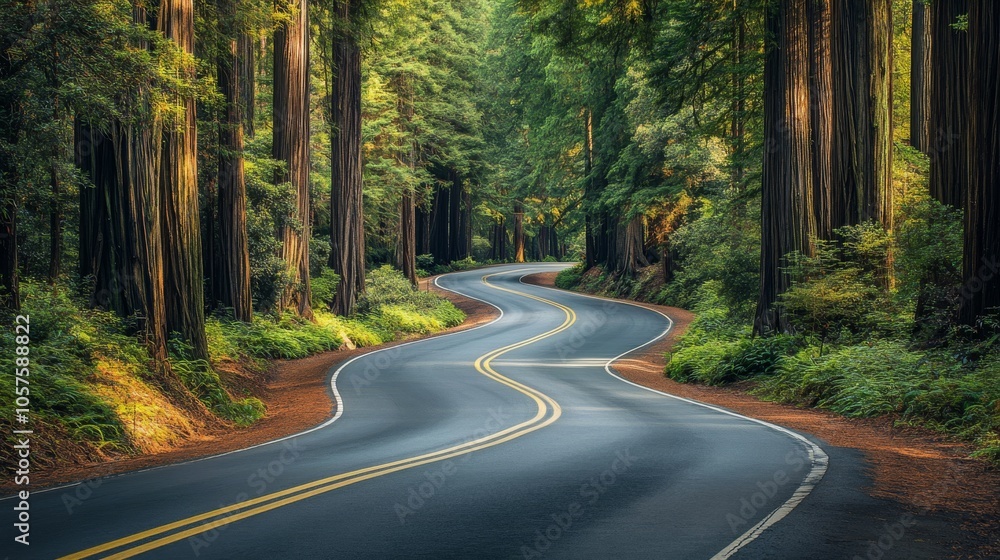 Fototapeta premium Majestic redwood trees frame a winding road in the Redwood National Forest, creating a tunnel of greenery for travelers to enjoy