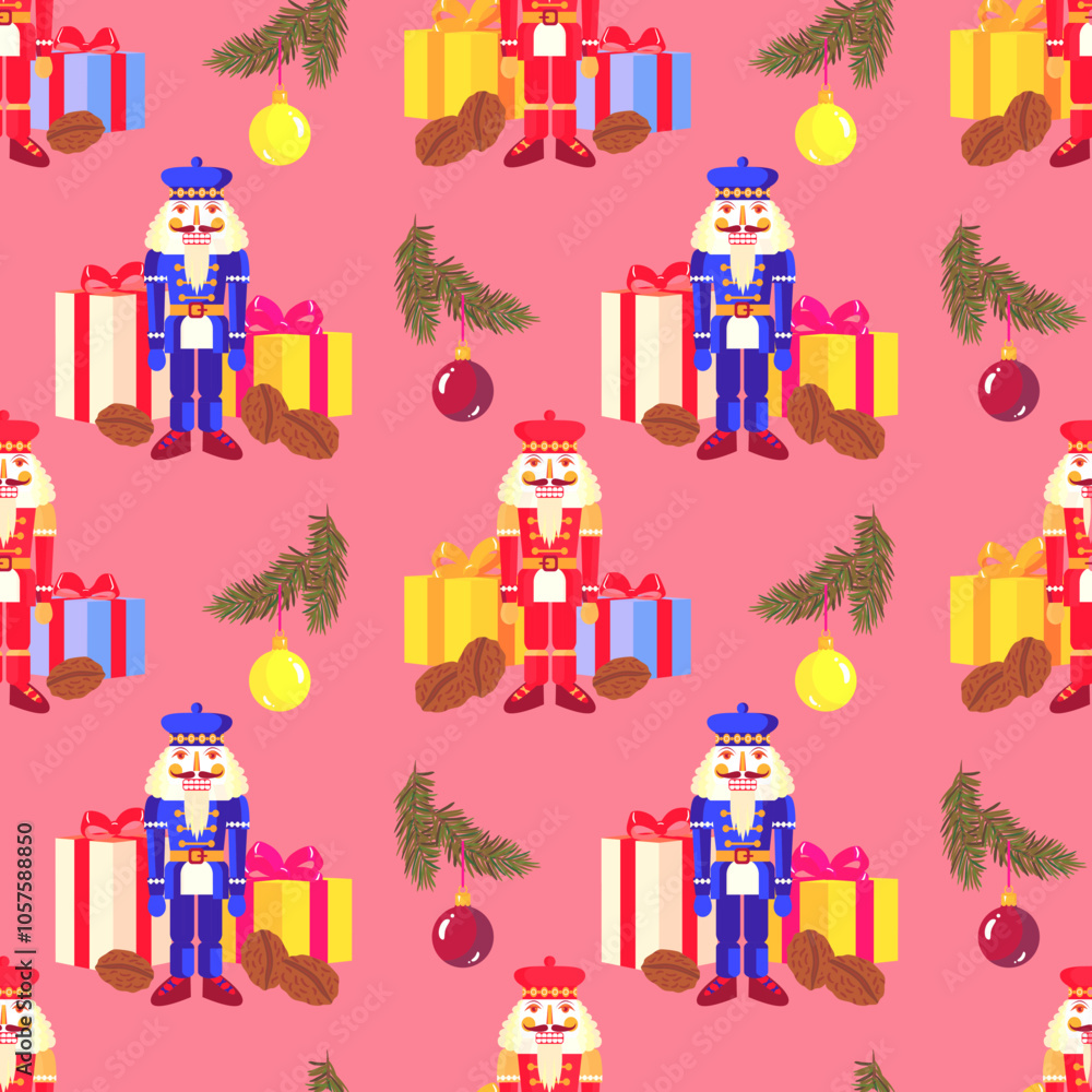 Vector - seamless pattern with Christmas motives, nutcracker, glass balls, fire and gift parcels. Vector - seamless pattern with Christmas motives, nutcracker, glass balls, fire and gift parcels.