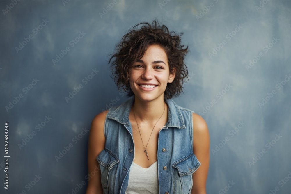 Portrait of a happy woman in her 20s wearing a rugged jean vest in front of plain cyclorama studio wall Portrait of a happy woman in her 20s wearing a rugged jean vest in front of plain cyclorama studio wall