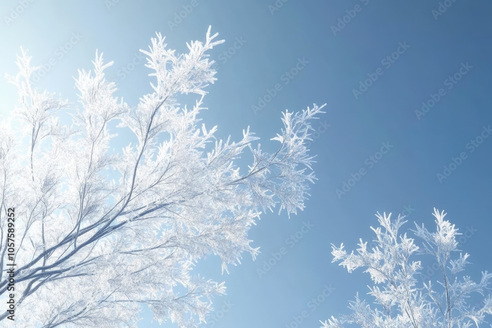 Tree branches covered with white frost against a blue sky Tree branches covered with white frost against a blue sky
