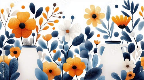 Abstract illustration of vibrant orange and white flowers with blue leaves and stems in white vases on a white background.
