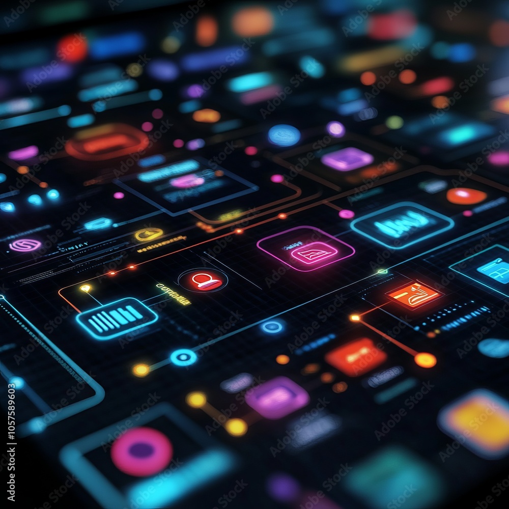 Vibrant display of colorful mobile applications on a virtual interface, illustrating concepts of digital technology and software development Vibrant display of colorful mobile applications on a virtual interface, illustrating concepts of digital technology and software development