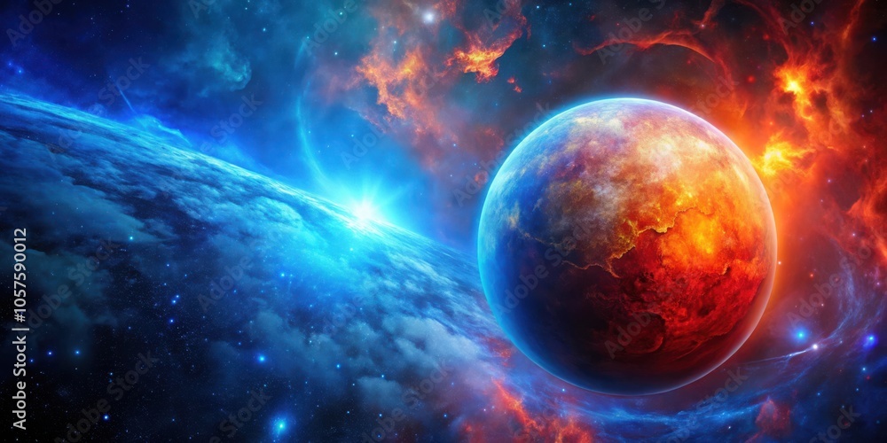 Fiery red nebula illuminating a blue planet in space with vibrant cosmic colors Fiery red nebula illuminating a blue planet in space with vibrant cosmic colors