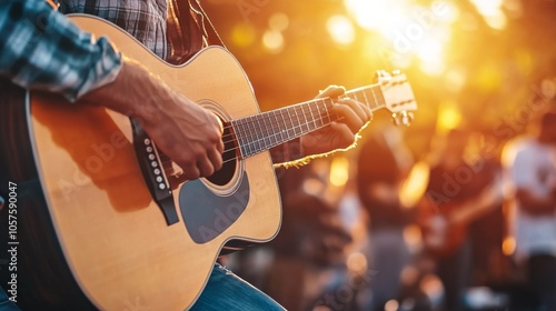 Musician strumming an acoustic guitar on stage during an outdoor festival