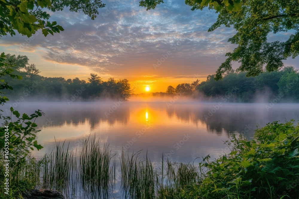 A Misty Sunrise Over a Tranquil Lake with Fog and Tall Grass A Misty Sunrise Over a Tranquil Lake with Fog and Tall Grass