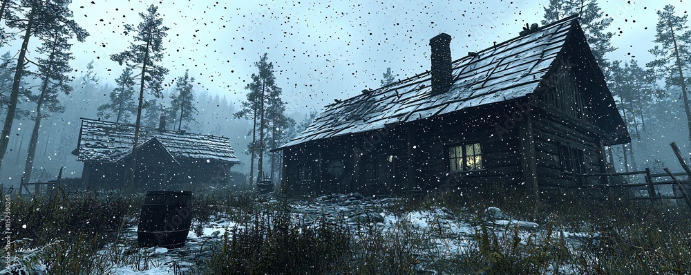 Fototapeta premium Snowy Forest Cabin Landscape Winter Wonderland Cozy Wooden Cottage Nature Scenery Forest Background