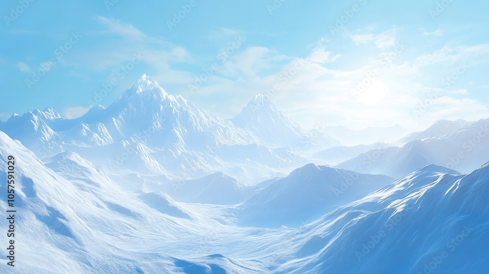 Fototapeta premium Snow-covered mountains illuminated by sunlight, under a bright blue sky. Captures the beauty of winter in a serene, sunny setting.