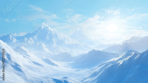 Snow-covered mountains illuminated by sunlight, under a bright blue sky. Captures the beauty of winter in a serene, sunny setting.