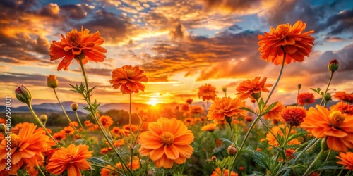 Vibrant orange flowers against a picturesque sunset sky close up photo