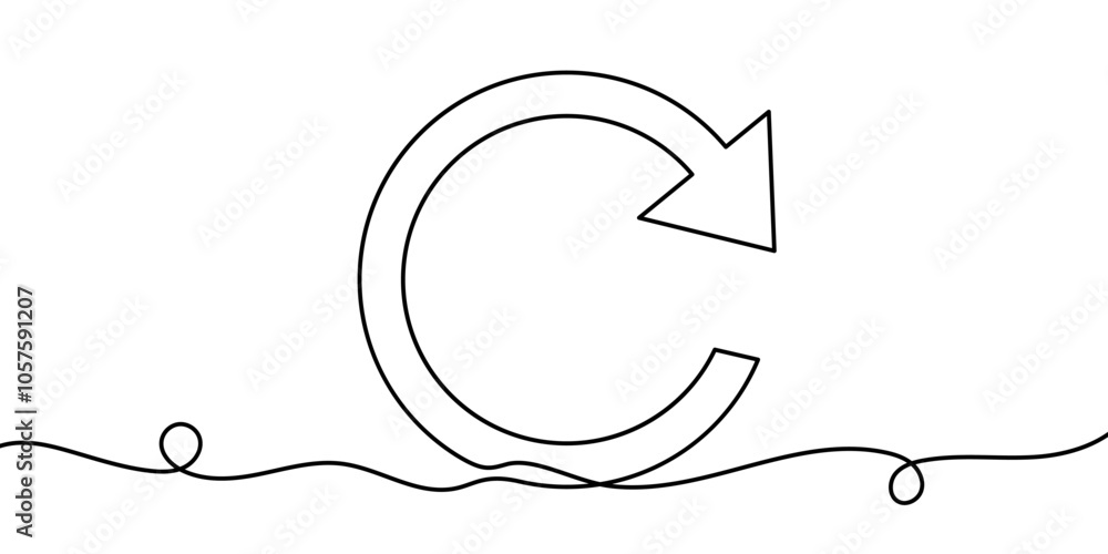 Reload icon arrow in circle continuous one line art decoration vector illustration symbol on white background. Reload icon arrow in circle continuous one line art decoration vector illustration symbol on white background.