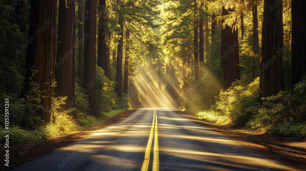 Fototapeta premium Scenic road bordered by towering redwoods with patches of sunlight creating a dappled effect on the asphalt in Redwood National Forest