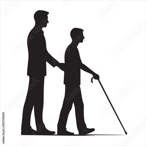 Silhouette of a blind man walking with a cane on a white background 