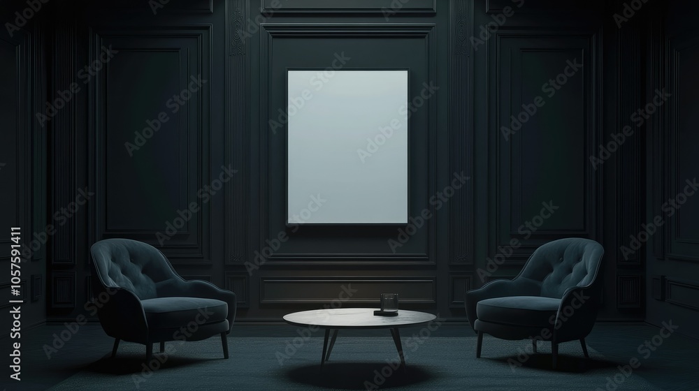 Stylish 3D rendering of a dark living room with minimalist furniture, including armchairs, coffee table, and an empty poster frame. Stylish 3D rendering of a dark living room with minimalist furniture, including armchairs, coffee table, and an empty poster frame.