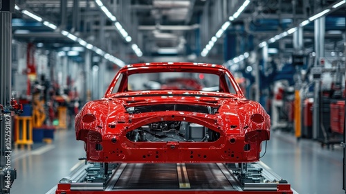 Red classic car chassis on the assembly line within a contemporary automotive manufacturing facility