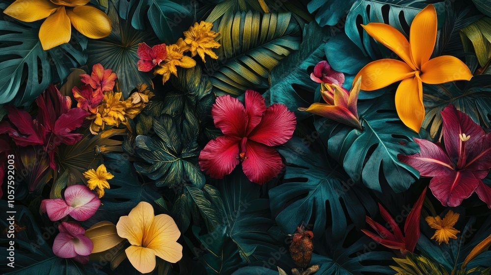 Tropical flora in vivid hues on a lively backdrop, ideal for creating bold and eye-catching designs Tropical flora in vivid hues on a lively backdrop, ideal for creating bold and eye-catching designs