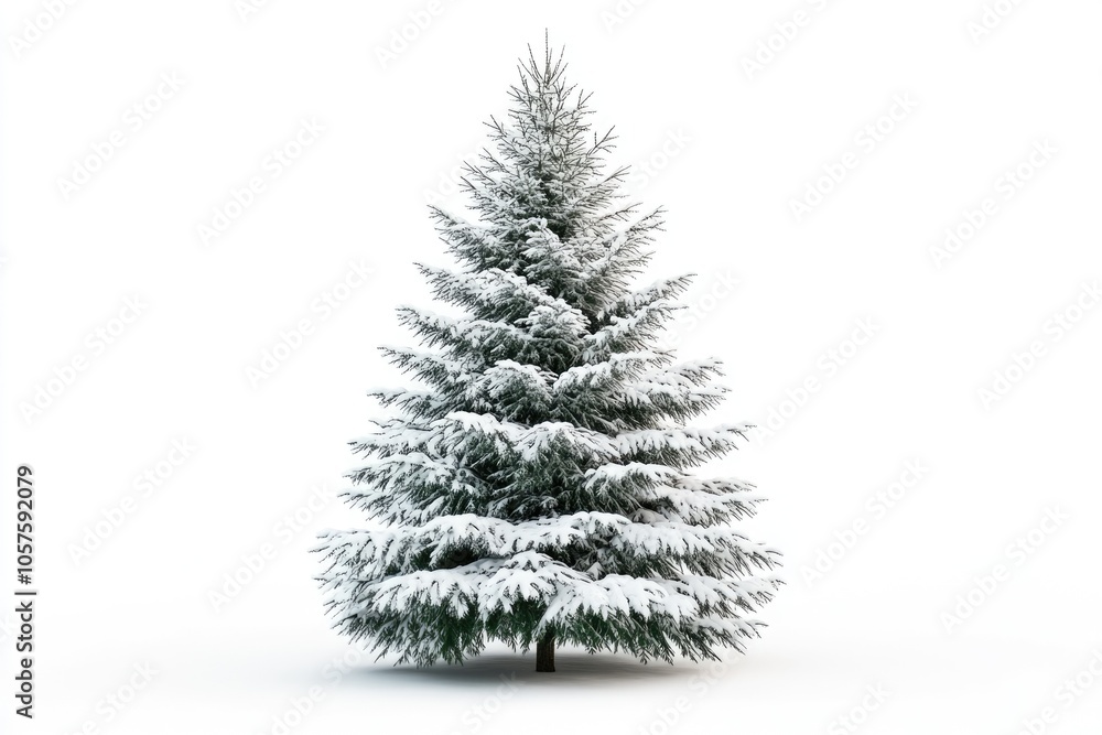 Fototapeta premium Snow covered Christmas tree isolated on white background.