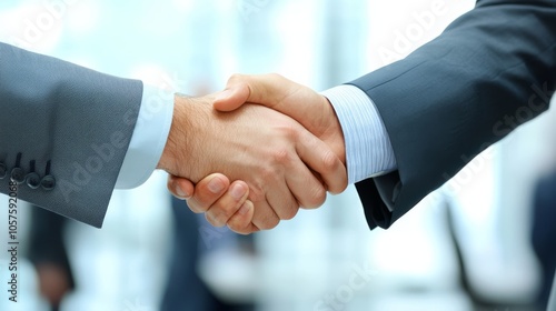 Successful businessmen shaking hands with an office environment in the background