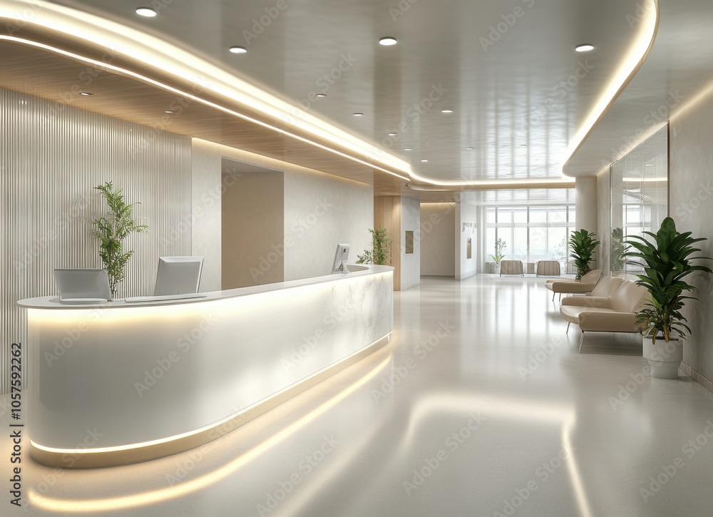 A lobby with a white counter and a white wall. There are two potted plants on the counter A lobby with a white counter and a white wall. There are two potted plants on the counter