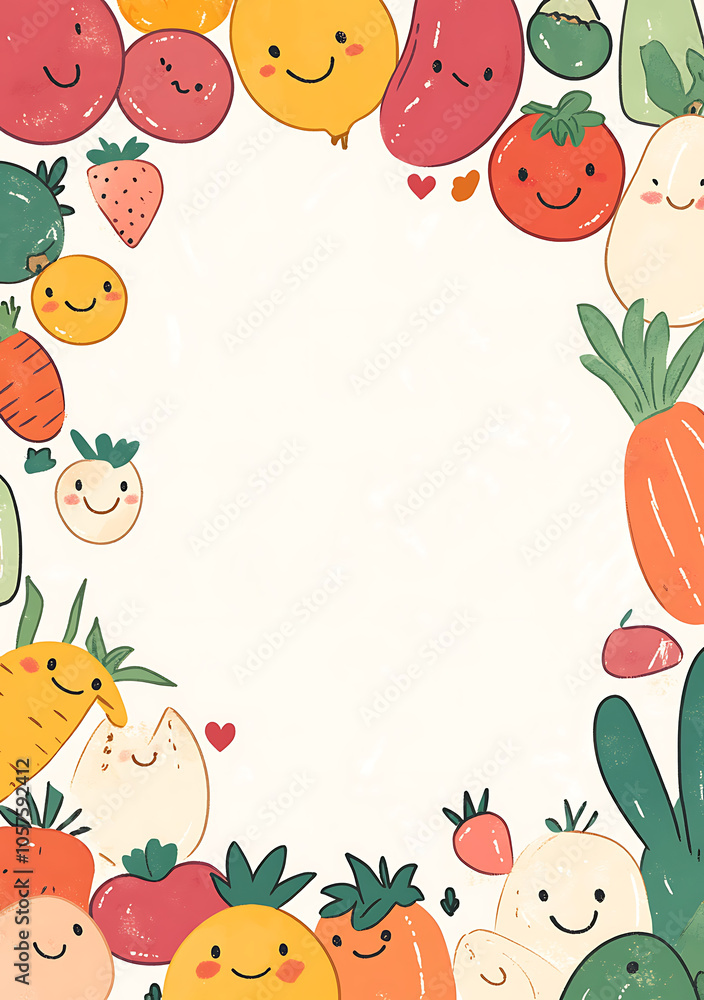 Fototapeta premium Cute cartoon fruits and vegetables border design with smiling faces