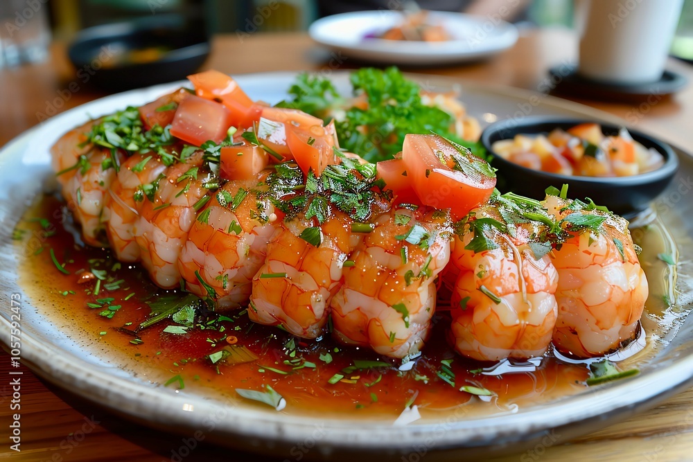 Delicious shrimp dish garnished with herbs and tomatoes, served in a flavorful sauce. Delicious shrimp dish garnished with herbs and tomatoes, served in a flavorful sauce.