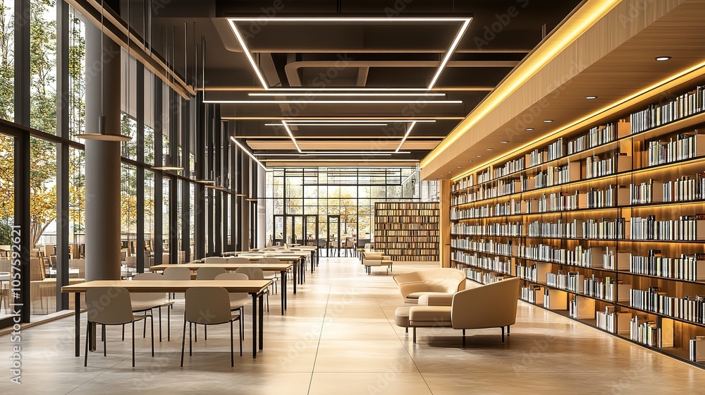Modern public library interior with empty blank wall template. 3D Rendering Modern public library interior with empty blank wall template. 3D Rendering