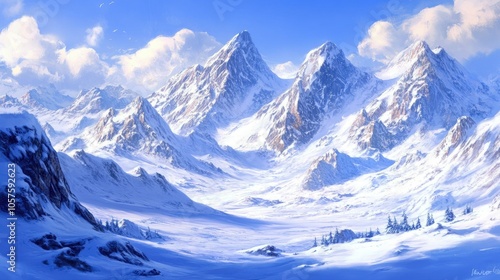 Wallpaper Mural Winter mountains covered in snow, bathed in sunlight on a clear day, pristine and tranquil, showing nature at its finest. Torontodigital.ca