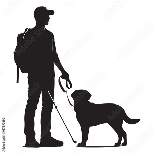 Silhouette of a blind man walking with a cane on a white background 