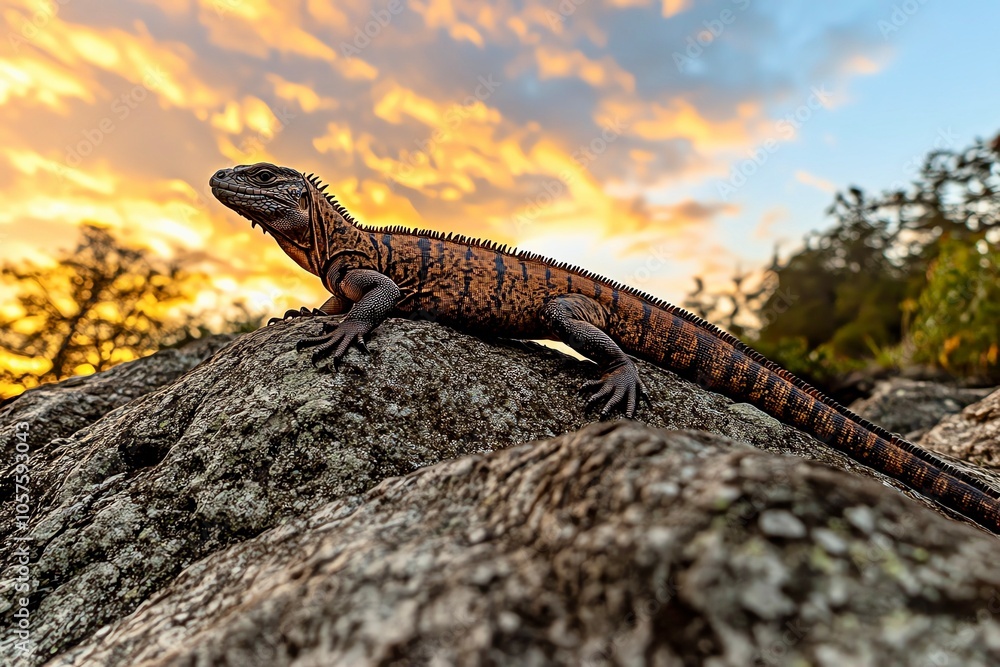 Fototapeta premium Lizard perched on a rock during a vibrant sunset, nature's beauty on display.