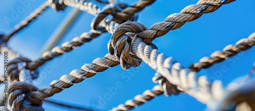 Close Up Of Rope Net Fixed On Steel Wire Rope With Screws Against Blue Sky Part Of Obstacle Courses In Adventure Park photo