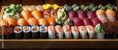 Elegant sushi spread featuring assorted rolls, sashimi, nigiri, artfully displayed on a bamboo mat, inviting culinary delight and aesthetic pleasure