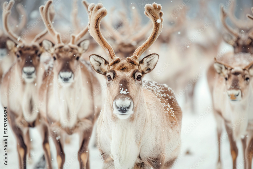 A herd of reindeer standing in the snow, staring at the camera A herd of reindeer standing in the snow, staring at the camera