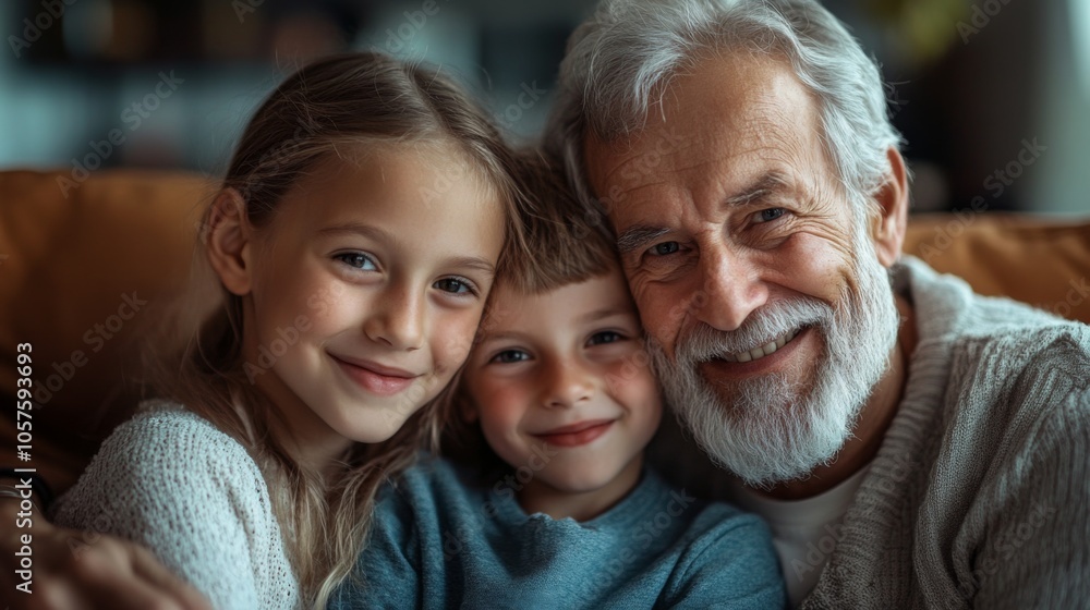 Grandfather with Grandchildren Smiling Grandfather with Grandchildren Smiling