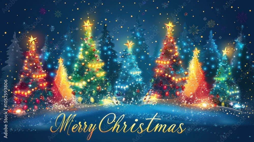 Fototapeta premium A bright and charming Christmas scene with multiple Christmas trees, sparkling lights and tinsel, and the message 