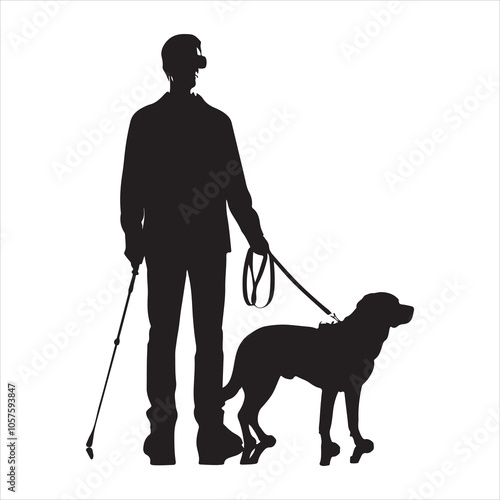 Silhouette of a blind man walking with a cane on a white background 