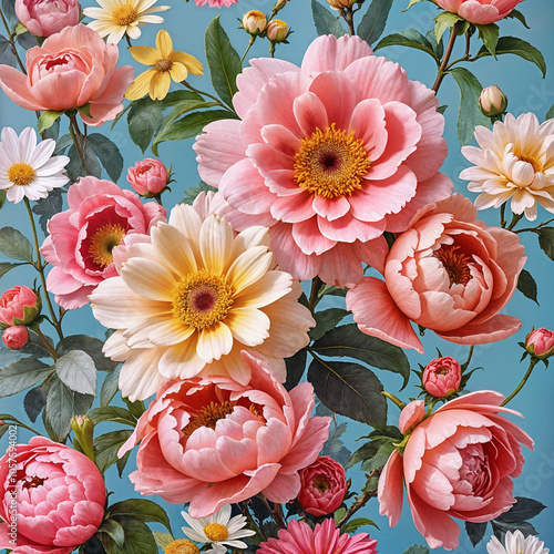 Pattern with flowers/A vibrant floral explosion/ oversized peonies and daisies photo