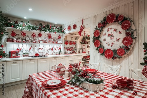 Festive red and white checkered tablecloth in a cheerful kitchen decorated with Christmas ornaments and bright decor. photo