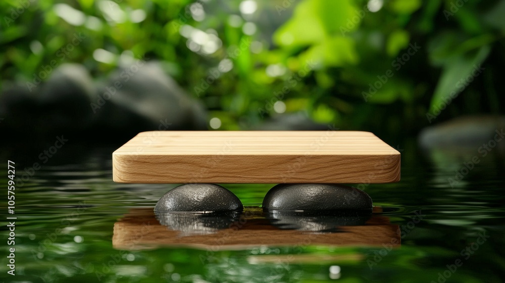 A serene wooden platform balanced on stones above tranquil water surrounded by lush greenery, creating a peaceful and natural atmosphere. A serene wooden platform balanced on stones above tranquil water surrounded by lush greenery, creating a peaceful and natural atmosphere.