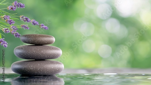 A tranquil scene featuring stacked stones beside lavender, set against a blurred green background, evoking calm and serenity.