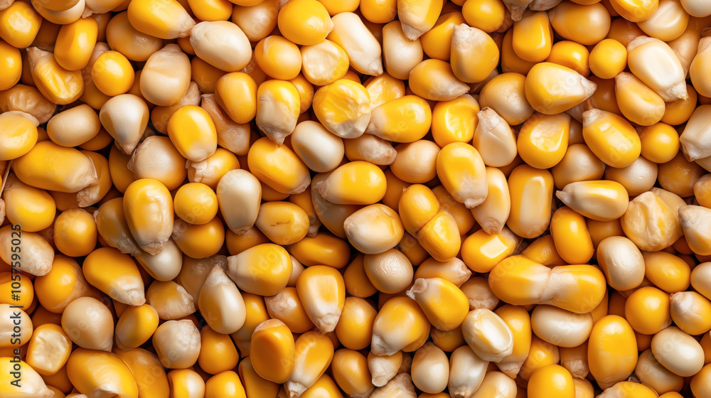 Close-up view of multiple popcorn kernels with shiny and smooth yellow and white surfaces, showing natural texture and intricate detail. Close-up view of multiple popcorn kernels with shiny and smooth yellow and white surfaces, showing natural texture and intricate detail.