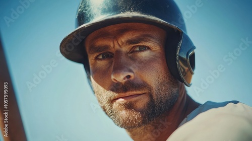 Portrait of baseball player wearing helmet, intense look, close-up shot, sports gear, athlete at bat, game focus, field background, sunlight, competitive mood, determination