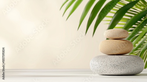 A serene arrangement of three stacked stones beside lush green leaves, symbolizing balance and tranquility in a minimalist setting.