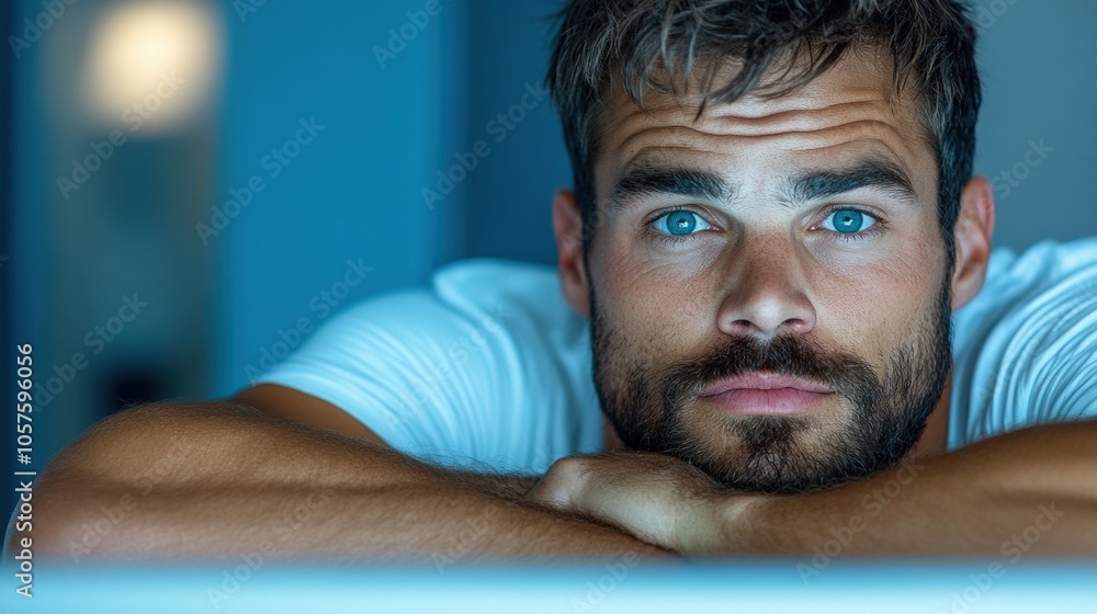 Fototapeta premium Man with blue eyes and beard gazes thoughtfully at the camera in a dimly lit room, AI