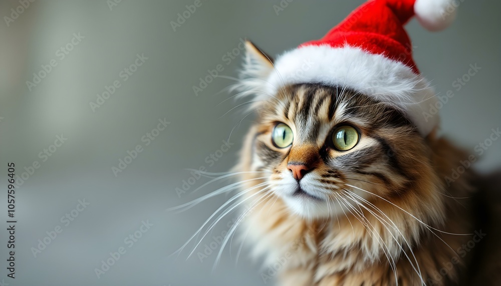 Adorable Maine Coon Cat in Santa Hat with Soft, Sunlit Fur - Festive Close-Up Adorable Maine Coon Cat in Santa Hat with Soft, Sunlit Fur - Festive Close-Up