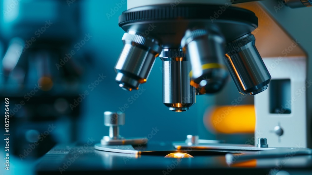 Close up view of a modern microscope with multiple objective lenses, highlighting the precision and importance of scientific research. The illuminated sample suggests ongoing analysis Close up view of a modern microscope with multiple objective lenses, highlighting the precision and importance of scientific research. The illuminated sample suggests ongoing analysis