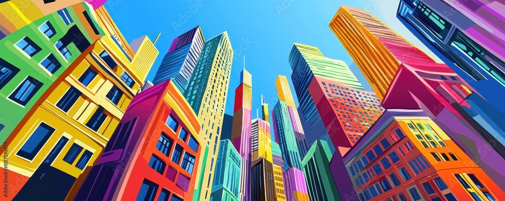 Vibrant cityscape illustration with colorful skyscrapers under a clear blue sky, showcasing urban architecture in a modern, artistic style. Vibrant cityscape illustration with colorful skyscrapers under a clear blue sky, showcasing urban architecture in a modern, artistic style.