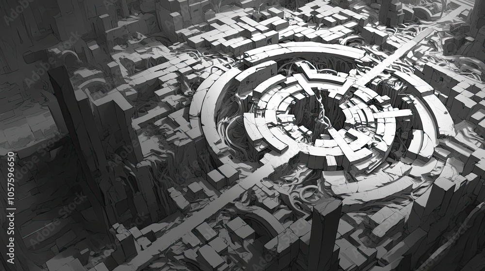 Fototapeta premium A futuristic, abstract city with a circular, concentric structure in the center.